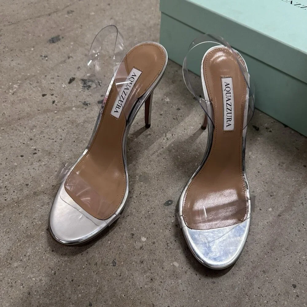 Aquazzura So Nude Plexi 105 Sandals Heels Silver - Picture 5 of 9